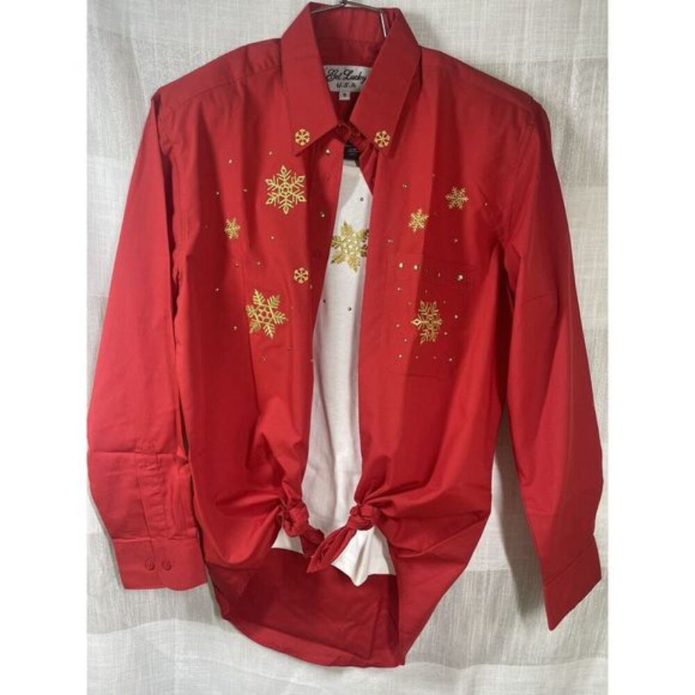 Women’s Get Lucky Brand Holiday Shirt Set Red With Gold Snowflakes Size‎ S NEW